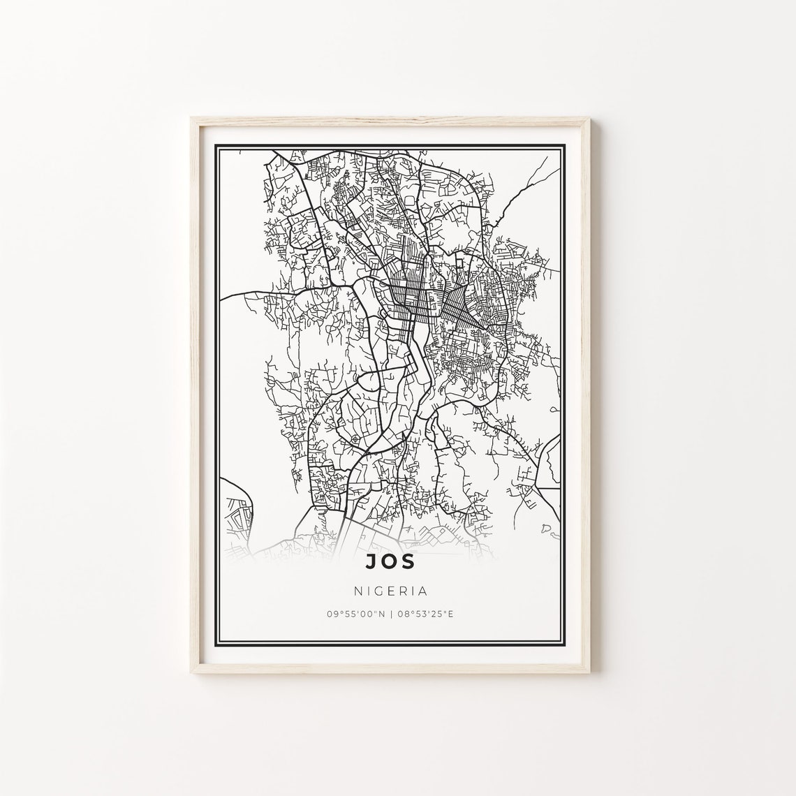 Jos Nigeria Minimalist Black and White City Street Map Poster
