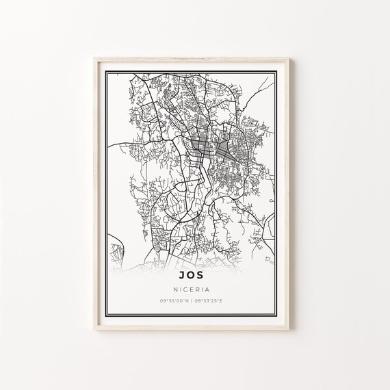 Jos Nigeria Minimalist Black and White City Street Map Poster
