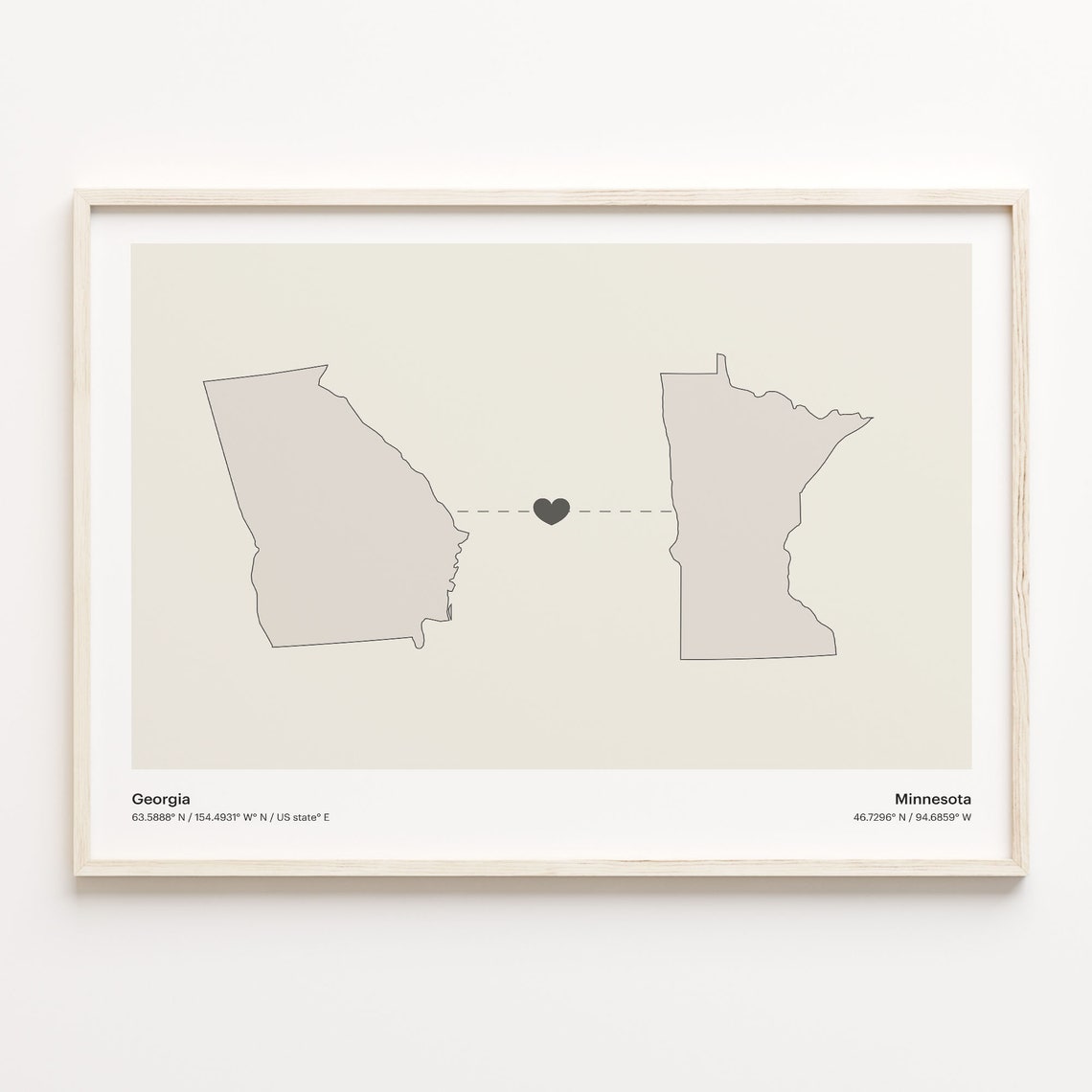 Georgia To Minnesota Heart Connection Minimalist State Map Poster