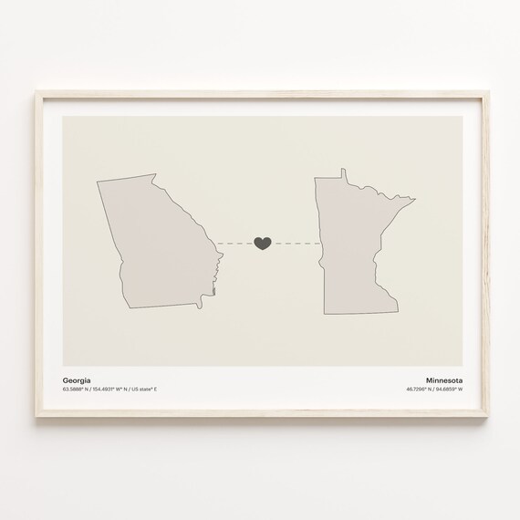 Georgia To Minnesota Heart Connection Minimalist State Map Poster