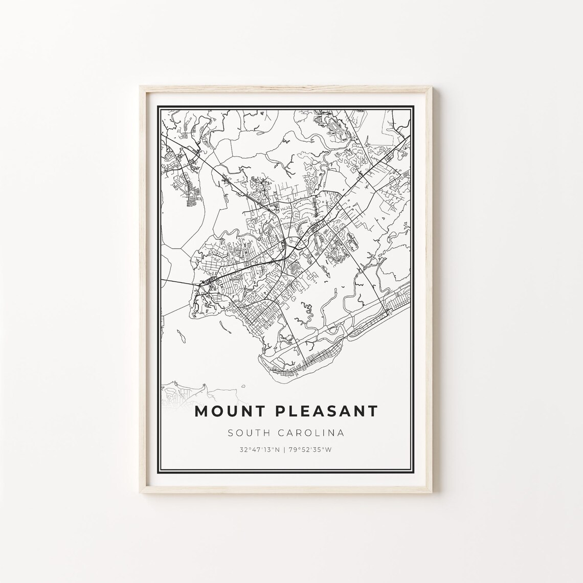 Mount Pleasant South Carolina Modern Minimalist Black and White City Map Poster