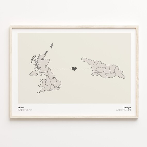 Britain to Georgia Minimalist Long Distance Heart Map Connection Poster