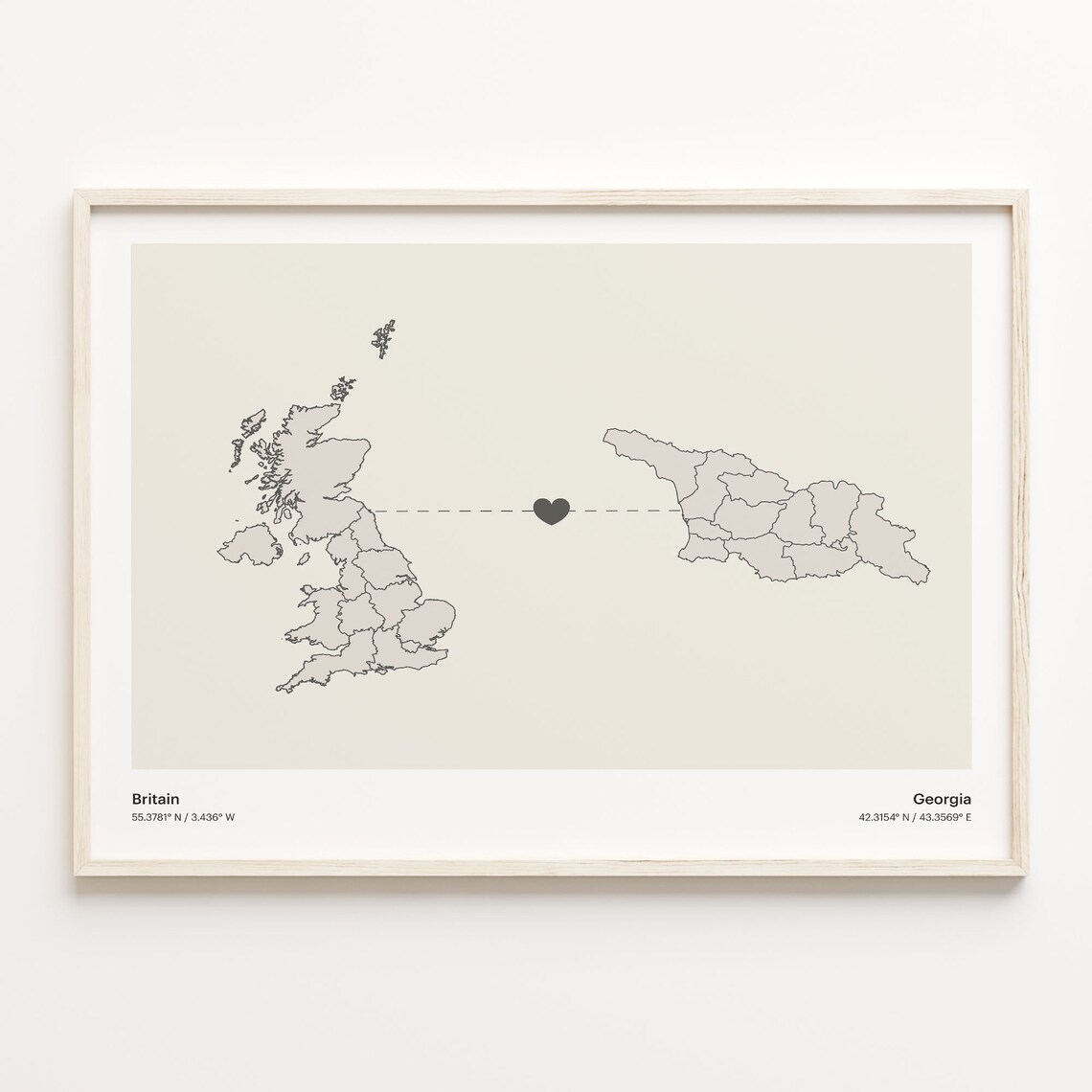 Britain to Georgia Minimalist Long Distance Heart Map Connection Poster