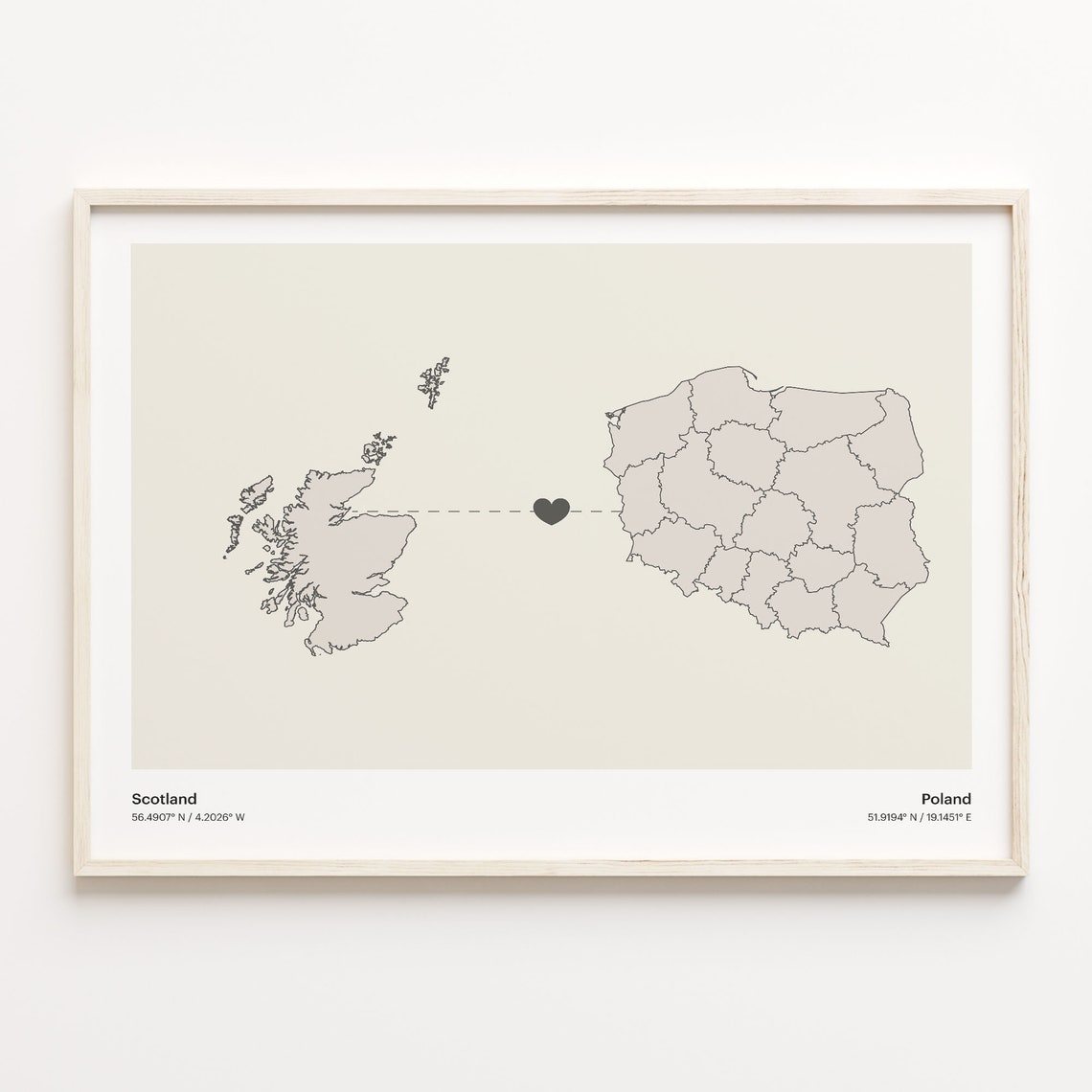 Scotland to Poland Minimalist Long Distance Connection Map Poster