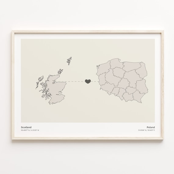 Scotland to Poland Minimalist Long Distance Connection Map Poster