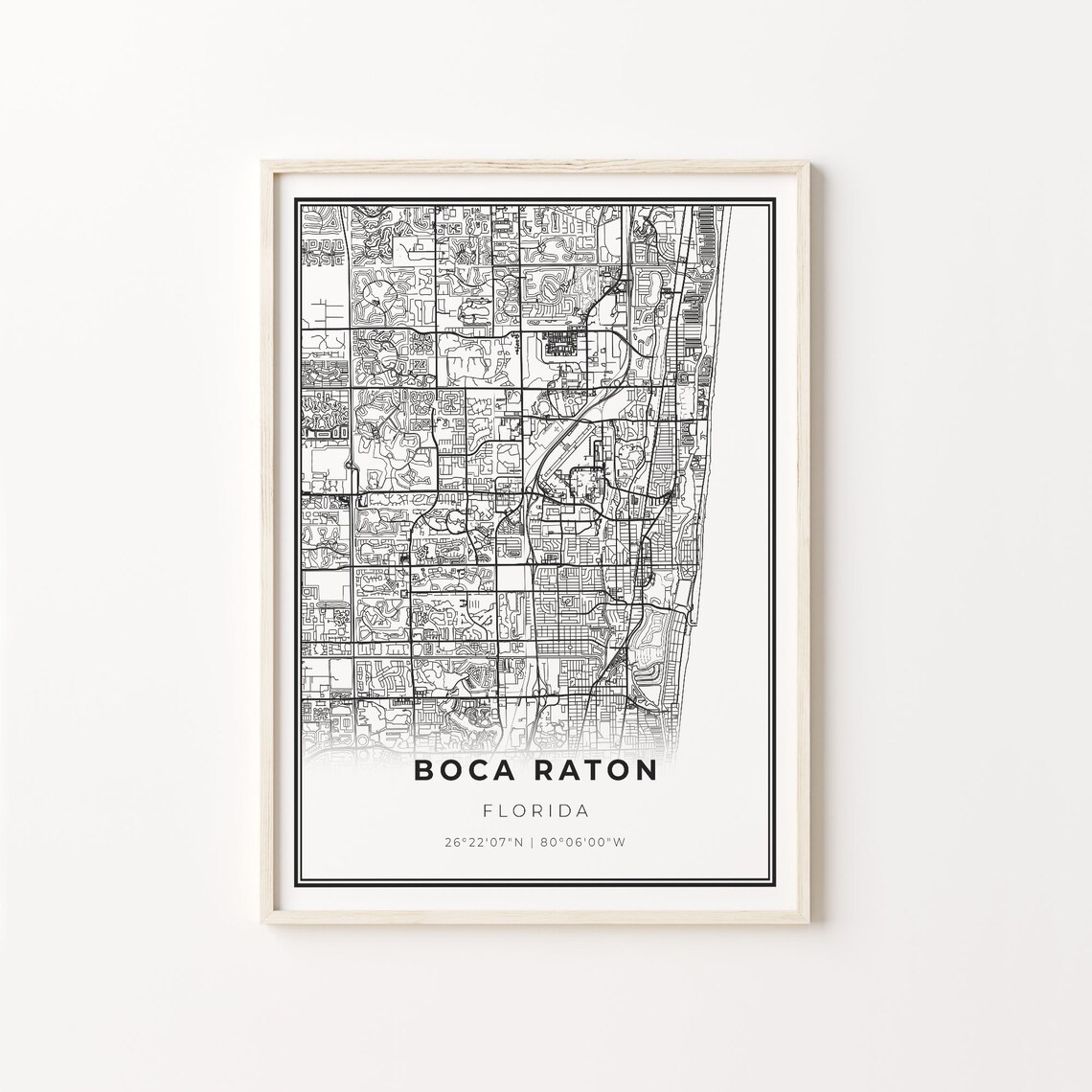 Boca Raton Florida Minimalist Black White City Street Map Poster