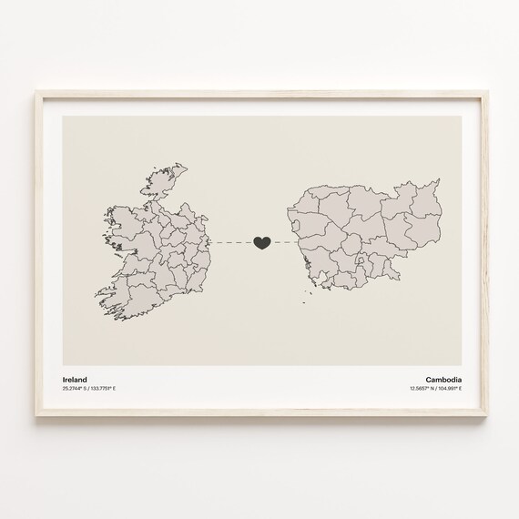Ireland to Cambodia Minimalist Heart Connection Love Map Poster