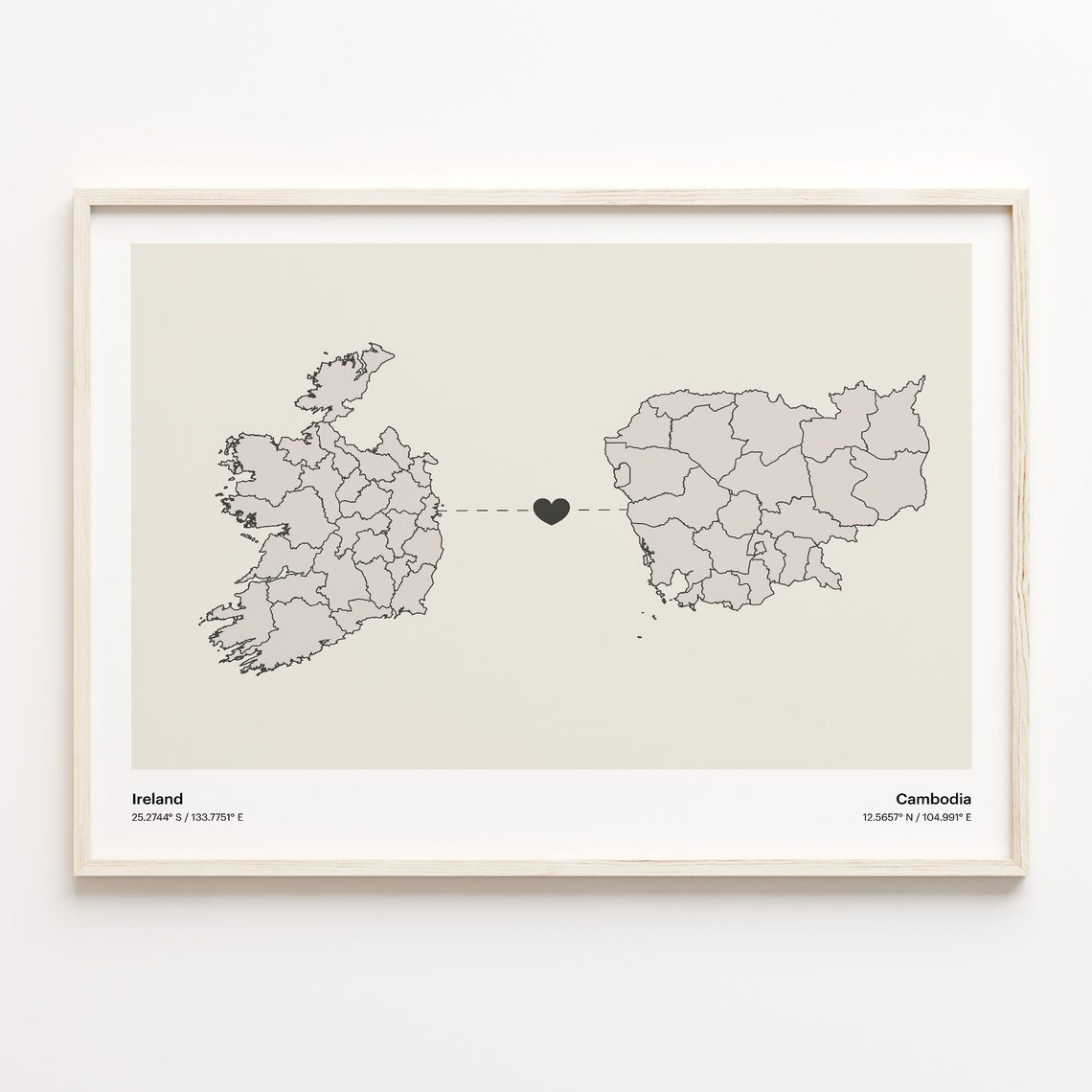 Ireland to Cambodia Minimalist Heart Connection Love Map Poster