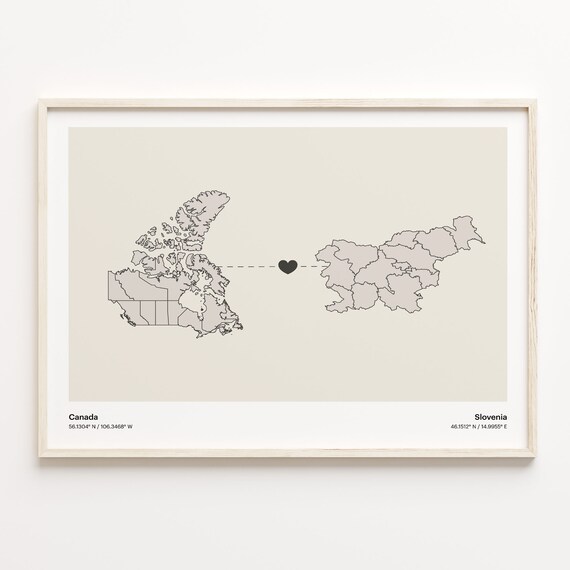 Canada and Slovenia Minimalist Long Distance Heart Map Connection Poster