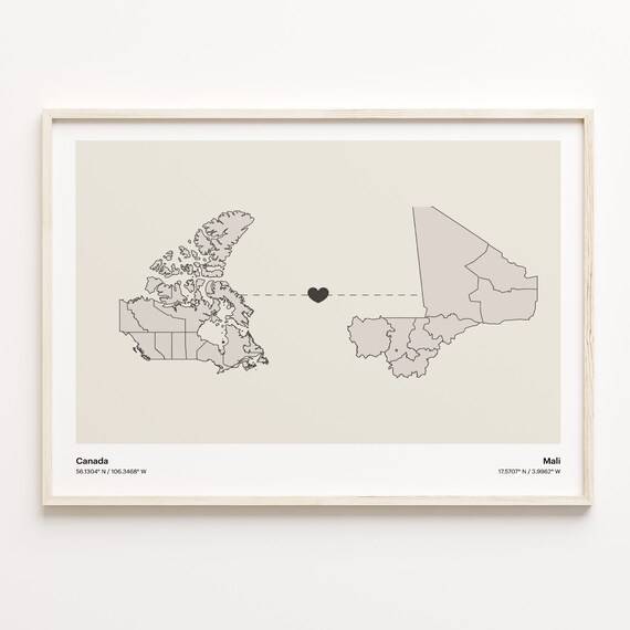 Canada To Mali Heart Connection Minimalist Map Art Print Gift