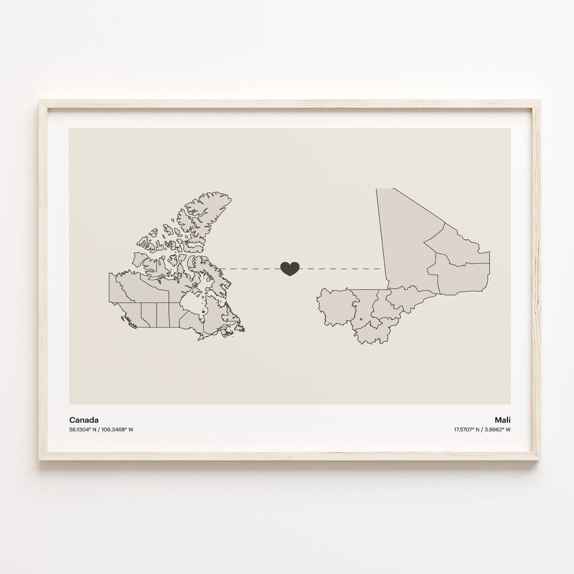 Canada To Mali Heart Connection Minimalist Map Art Print Gift