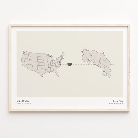 United States to Costa Rica Heart Connection Map Minimalist Poster