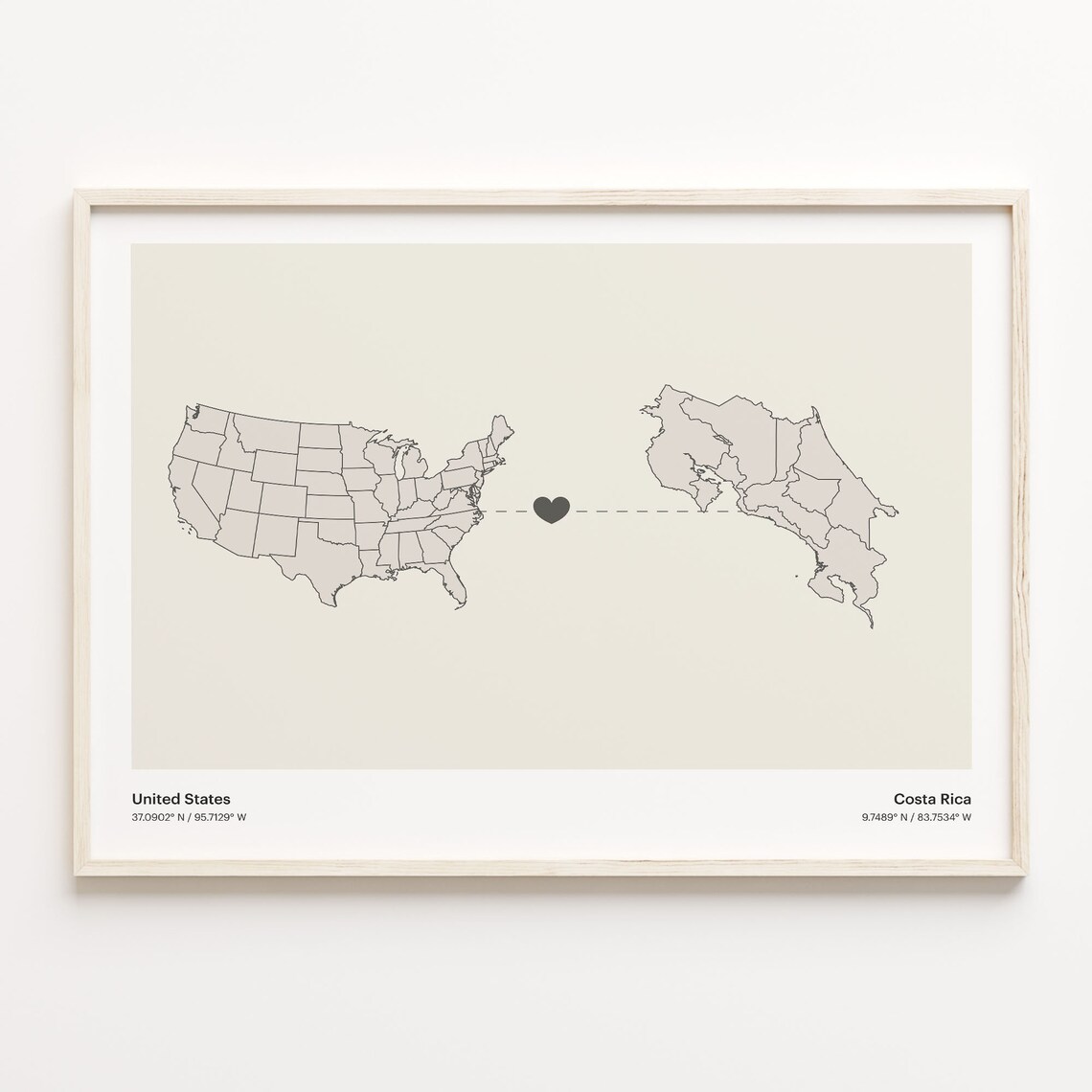 United States to Costa Rica Heart Connection Map Minimalist Poster