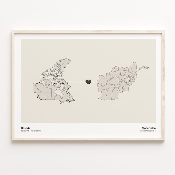 Canada To Afghanistan Long Distance Love Minimalist Map Art Poster