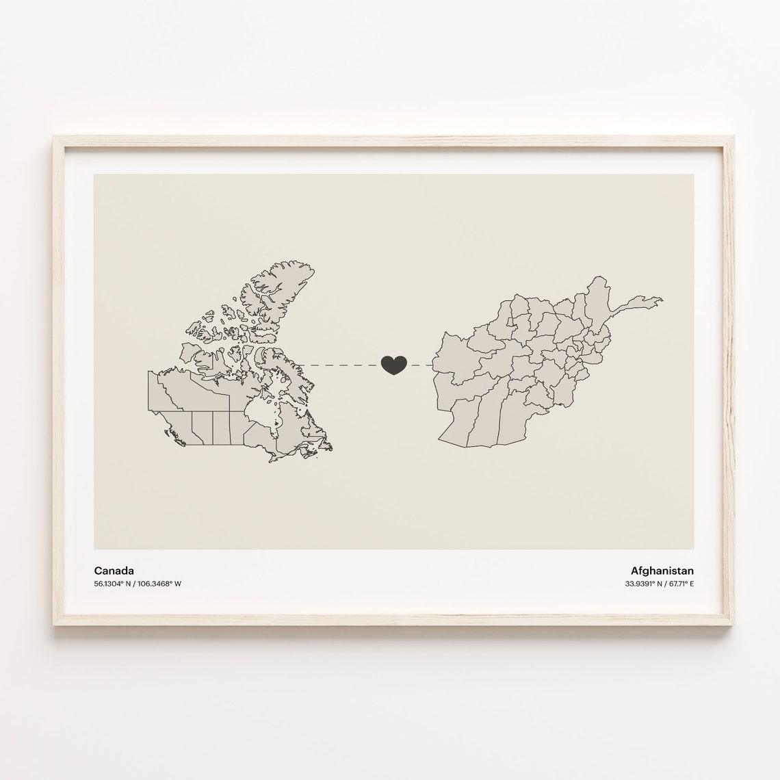Canada To Afghanistan Long Distance Love Minimalist Map Art Poster