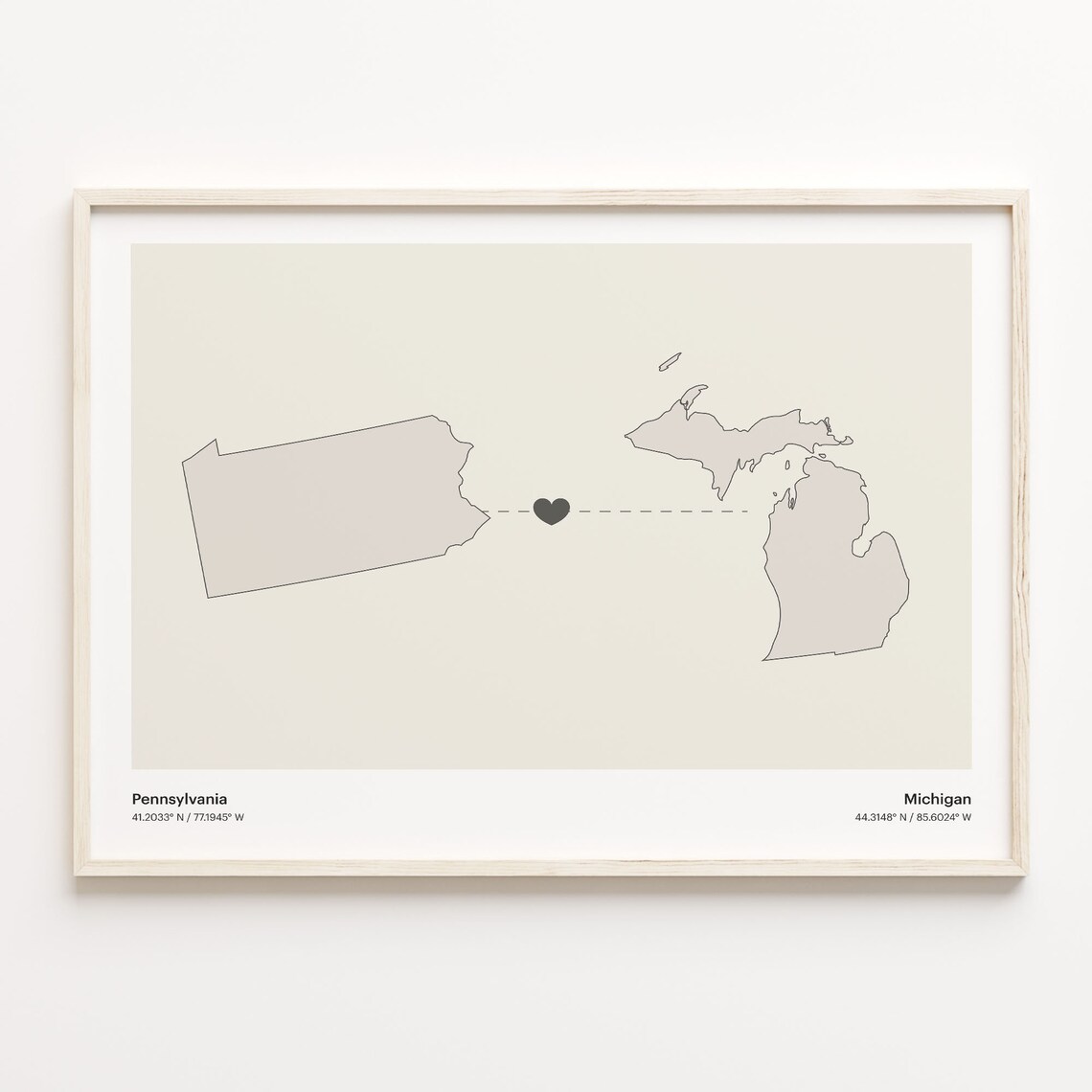 Pennsylvania to Michigan Heartfelt Long Distance Connection Map Poster