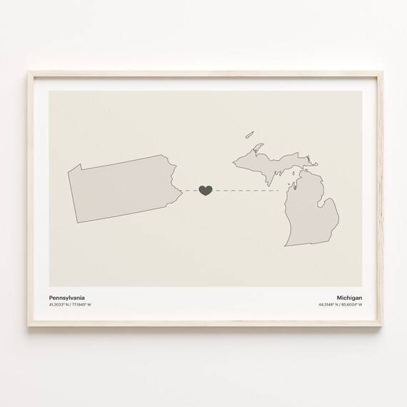 Pennsylvania to Michigan Heartfelt Long Distance Connection Map Poster