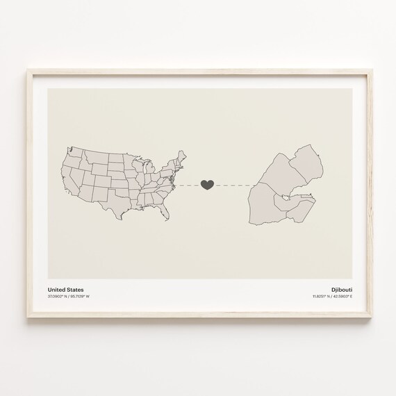 United States To Djibouti Long Distance Heart Map Minimalist Poster