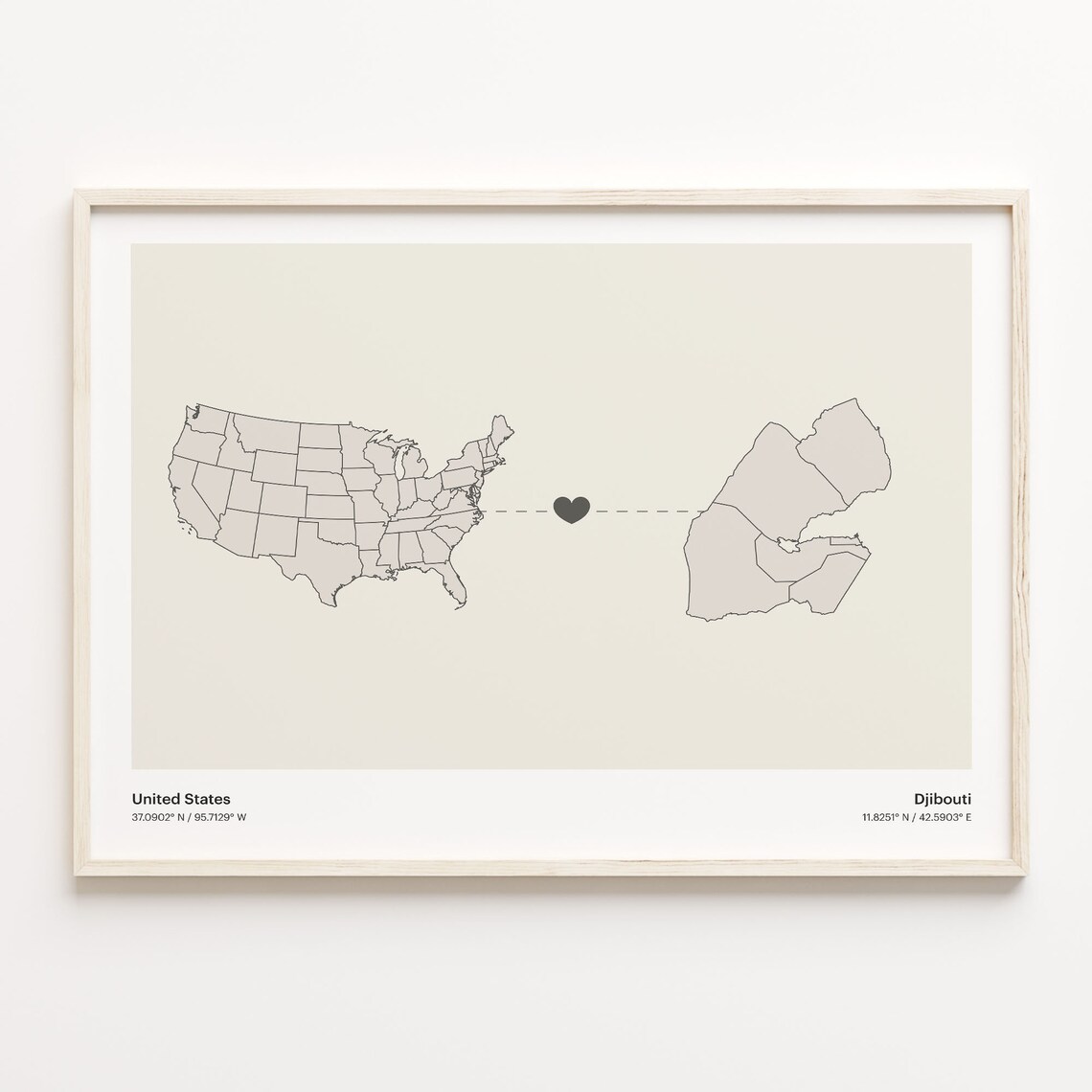 United States To Djibouti Long Distance Heart Map Minimalist Poster