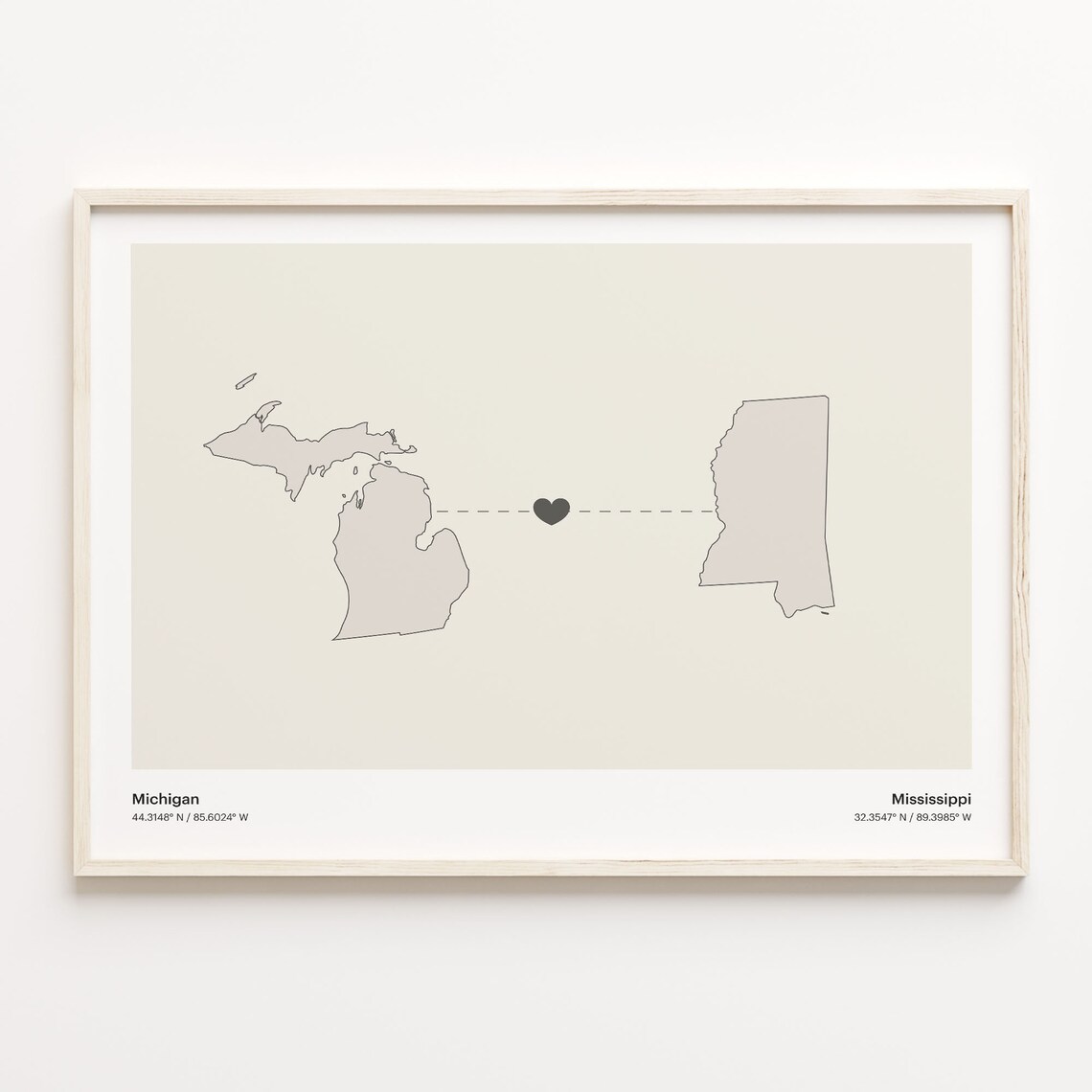 Michigan And Mississippi Long Distance Love Minimalist Heart Map Poster