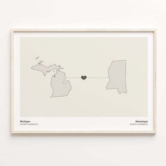 Michigan And Mississippi Long Distance Love Minimalist Heart Map Poster
