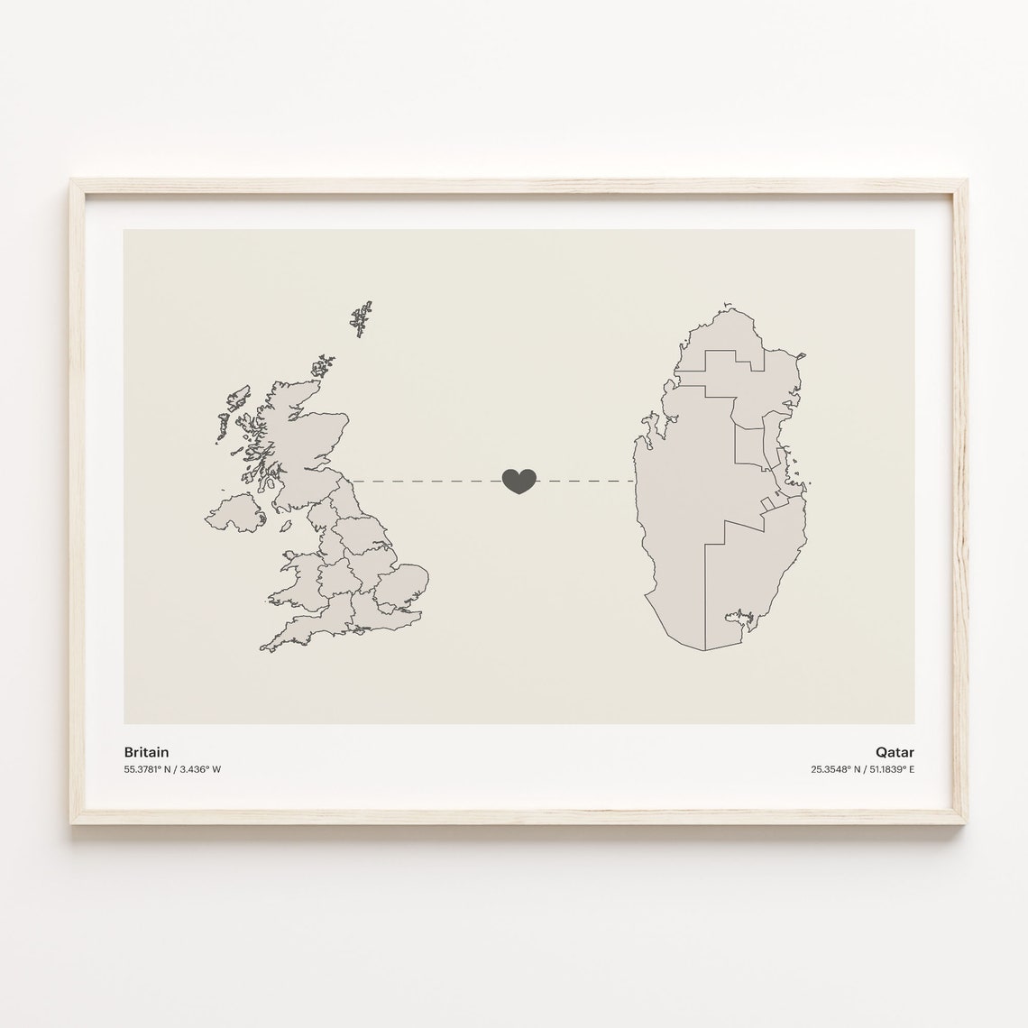 Britain to Qatar Minimalist Long Distance Heart Connection Map Poster