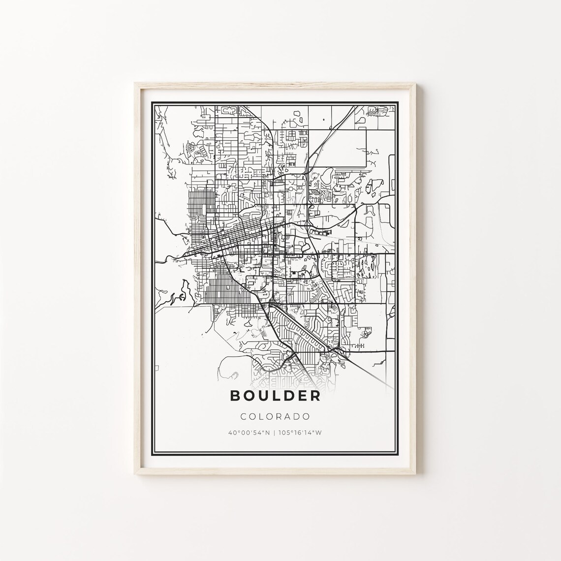 Boulder City Map Art Poster, Modern Black And White
