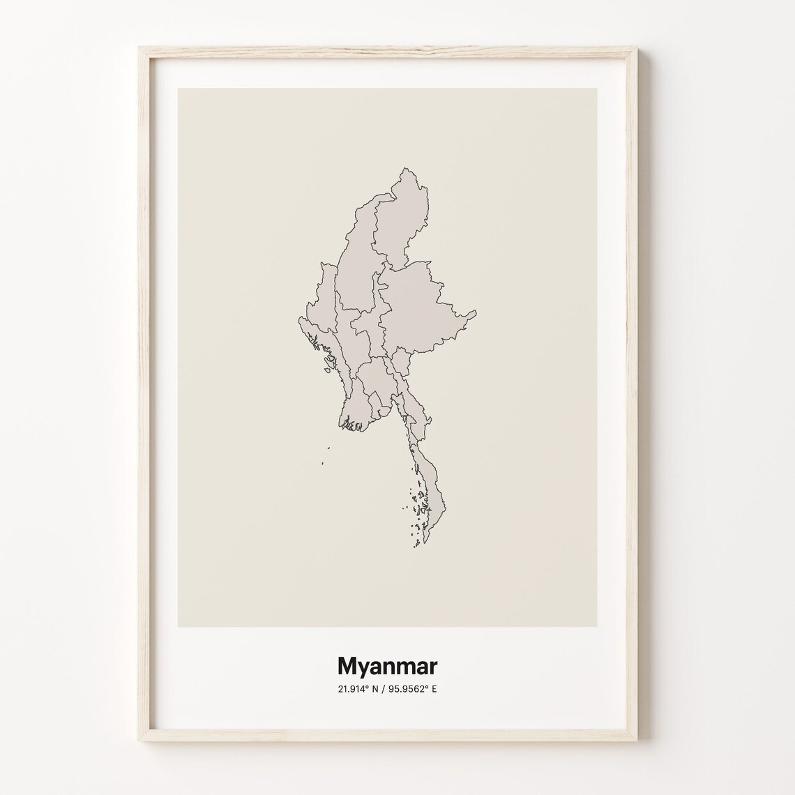 Myanmar Minimalist Country Outline Map Beige Coordinate Line Art Poster