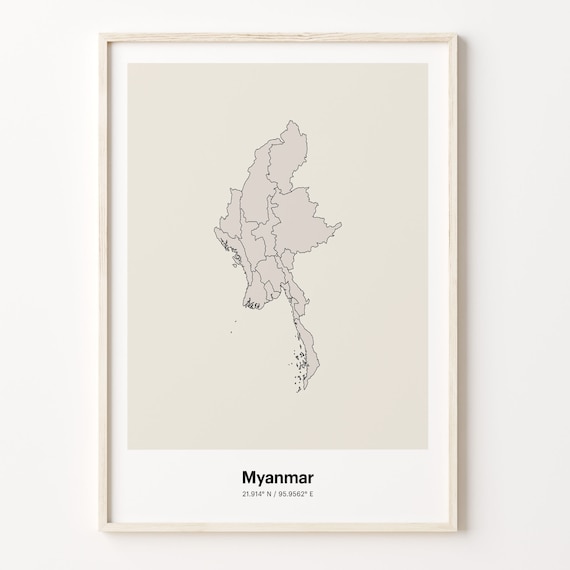 Myanmar Minimalist Country Outline Map Beige Coordinate Line Art Poster