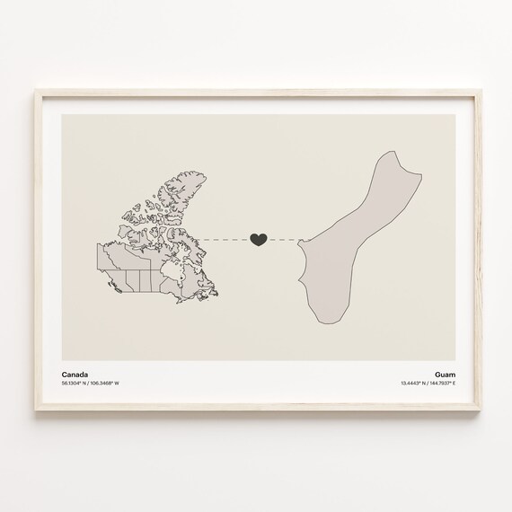 Canada To Guam Heart Connection Minimalist Map Art Print Gift