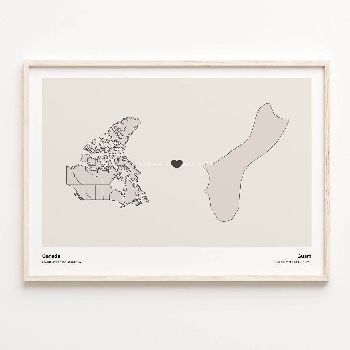 Canada To Guam Heart Connection Minimalist Map Art Print Gift