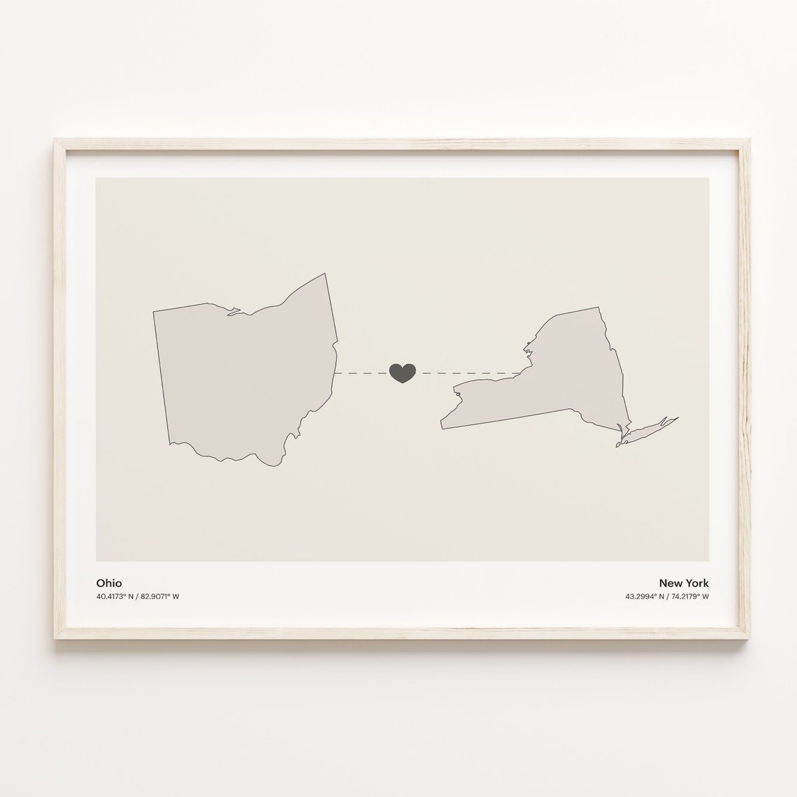 Ohio to New York Long Distance Heart Map Minimalist Connection Poster