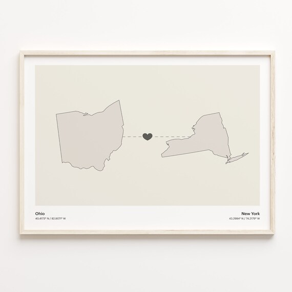 Ohio to New York Long Distance Heart Map Minimalist Connection Poster