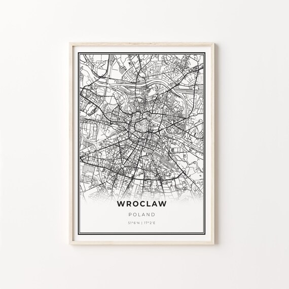 Wroclaw Poland Modern Minimalist Black White Street Map Poster