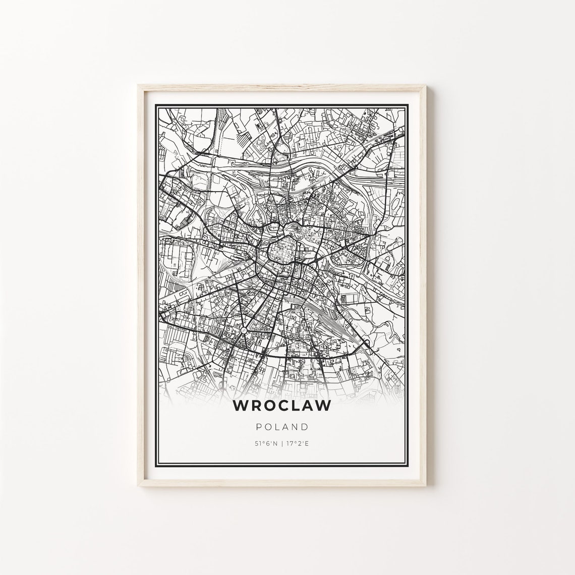 Wroclaw Poland Modern Minimalist Black White Street Map Poster