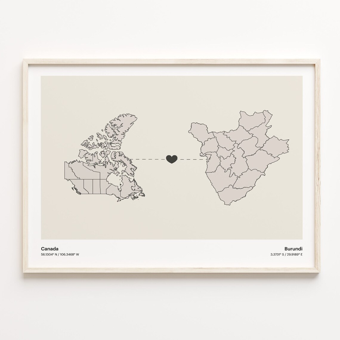 Canada Burundi Heart Connection Map Minimalist Long Distance Gift Poster