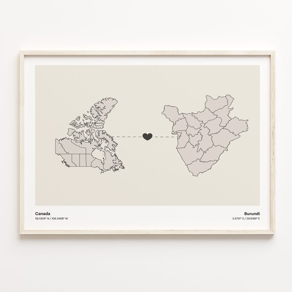 Canada Burundi Heart Connection Map Minimalist Long Distance Gift Poster