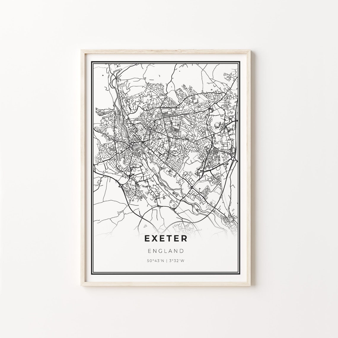 Exeter England Modern Minimalist Black and White City Map Poster