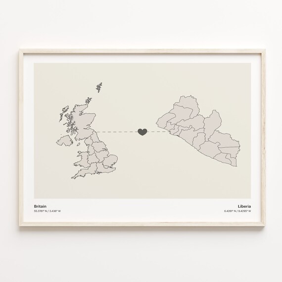 Britain To Liberia Minimalistic Heart Love Connection Map Poster