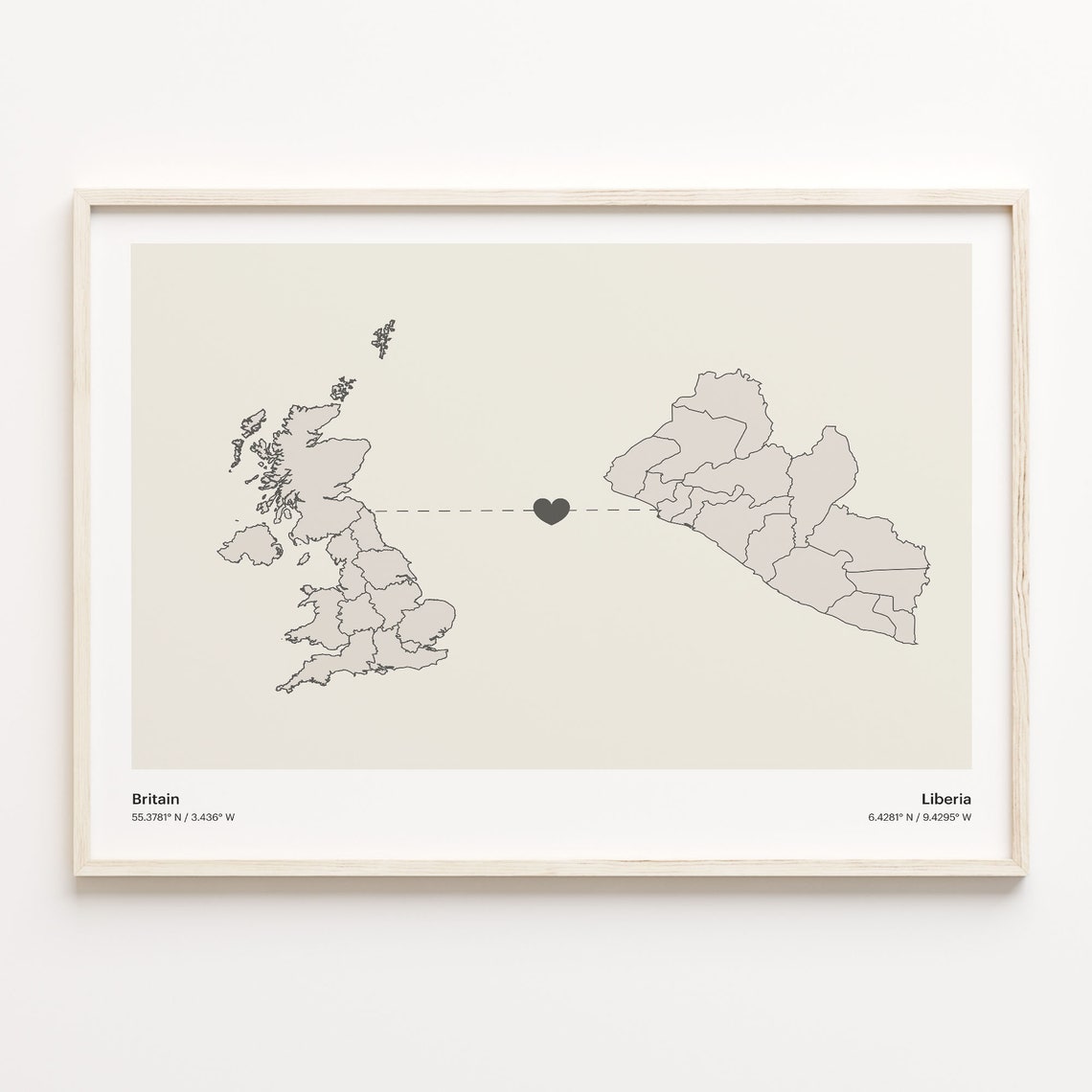 Britain To Liberia Minimalistic Heart Love Connection Map Poster