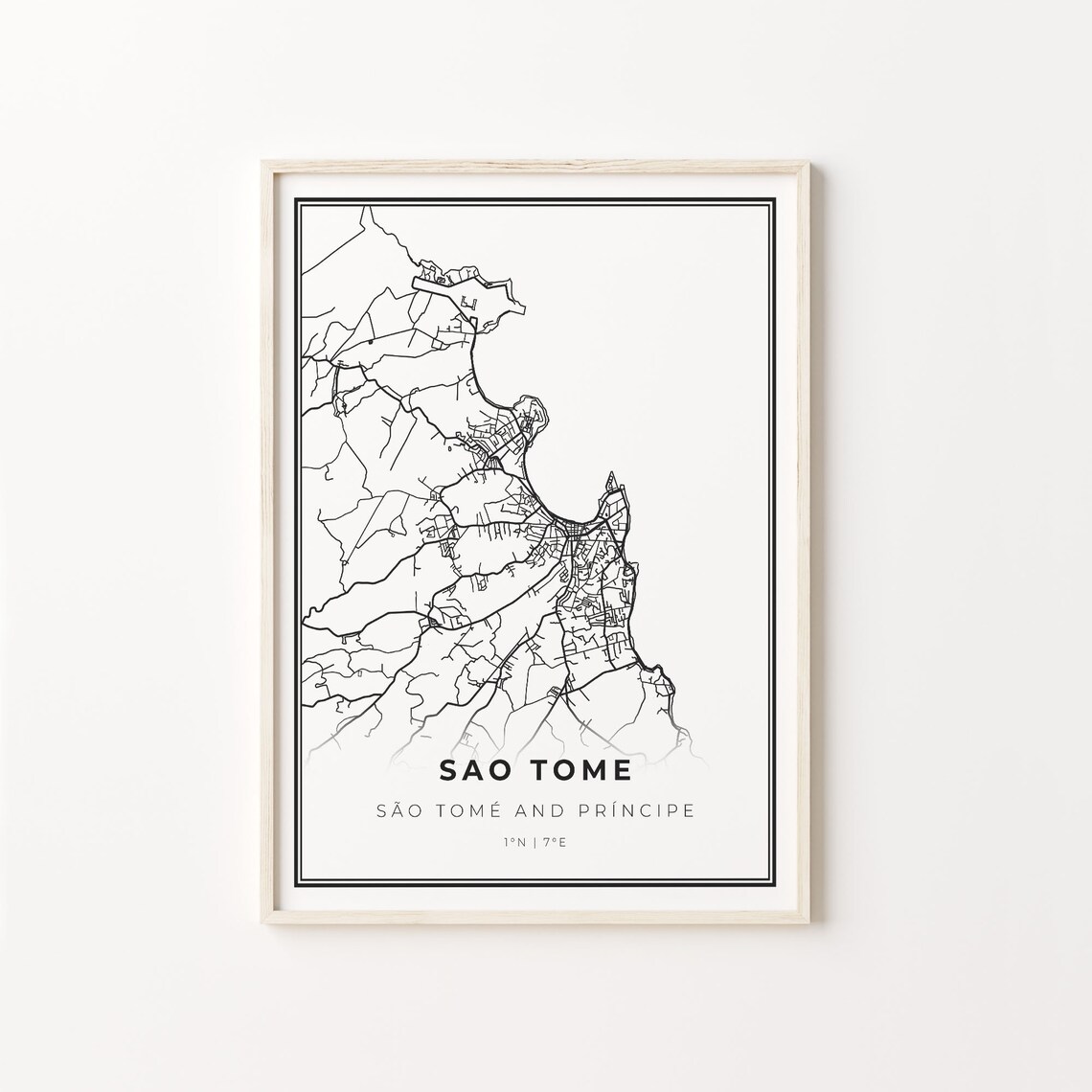 Sao Tome Island Minimalist Black White Street Map Art Poster