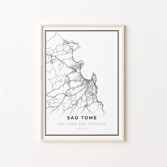 Sao Tome Island Minimalist Black White Street Map Art Poster