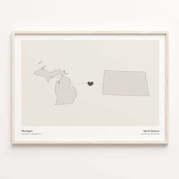 Michigan to North Dakota Minimalist Long Distance Connection Map Poster
