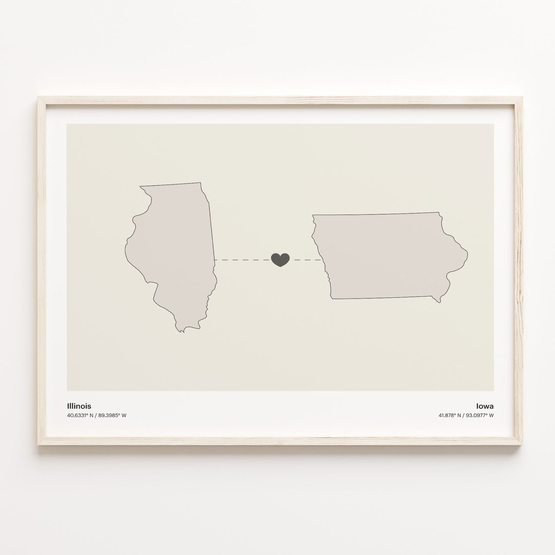 Illinois To Iowa Heart Minimalist State Connection Map Poster