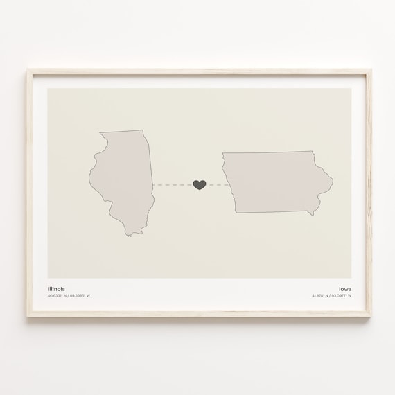 Illinois To Iowa Heart Minimalist State Connection Map Poster