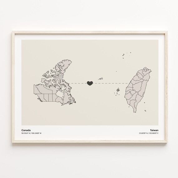Canada and Taiwan Long Distance Love Country Connection Map Poster