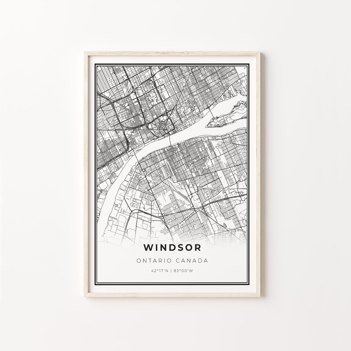 Windsor Ontario Canada Modern Minimalist Black and White City Map Poster