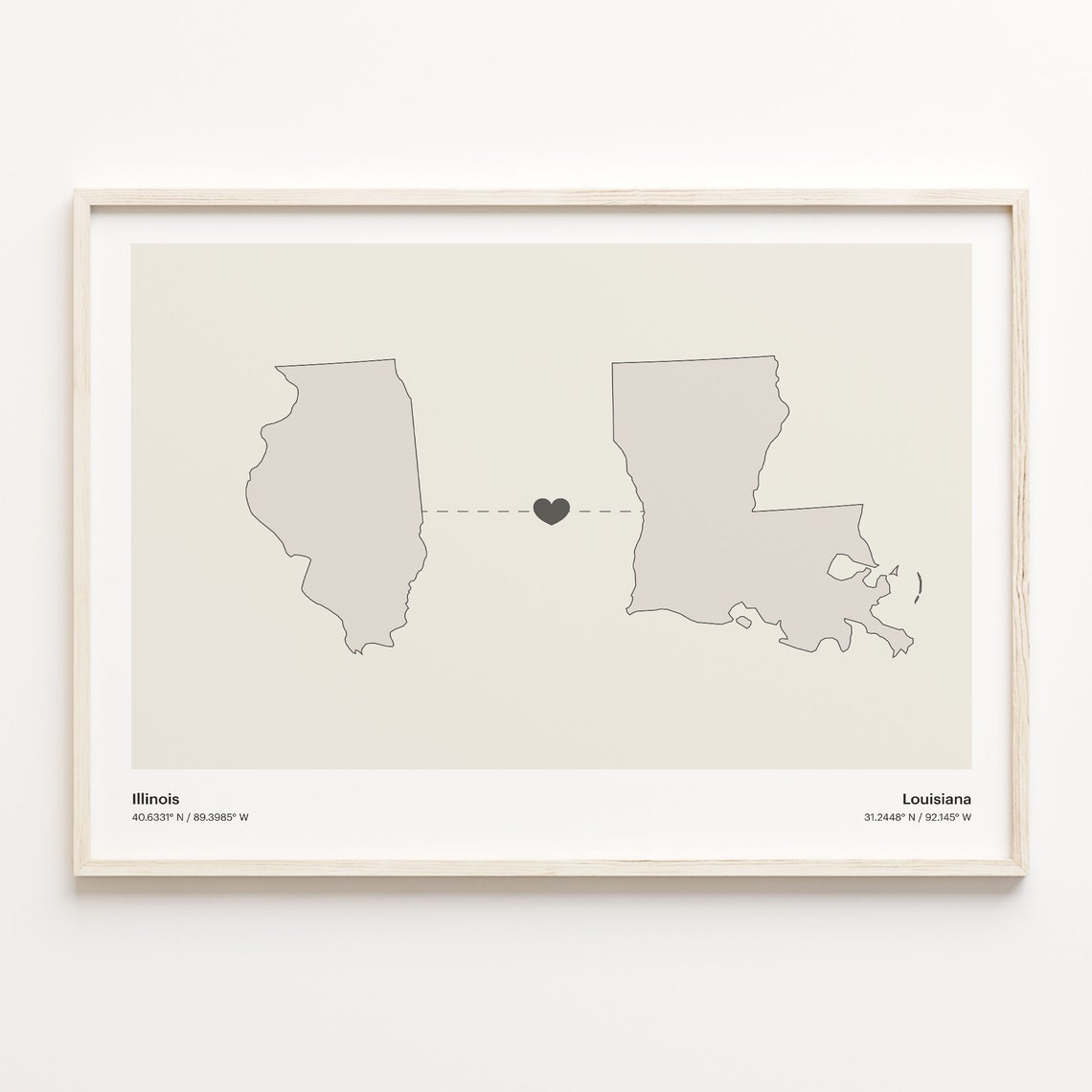 Illinois To Louisiana Minimalist Long Distance Love Map Poster