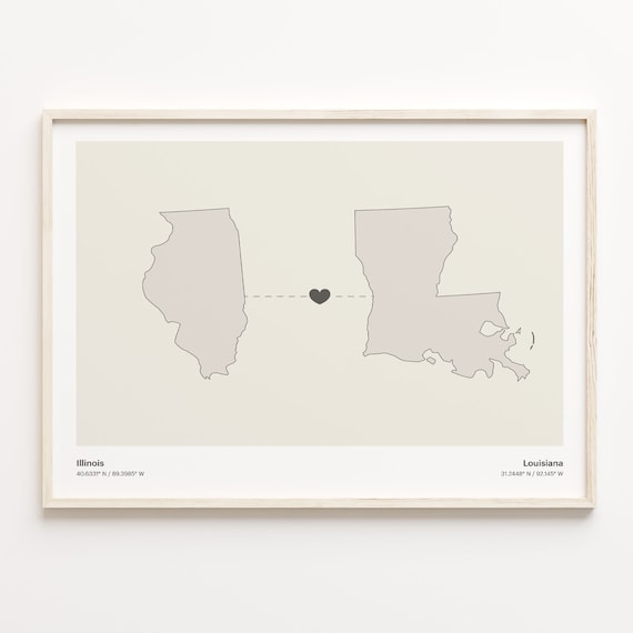 Illinois To Louisiana Minimalist Long Distance Love Map Poster
