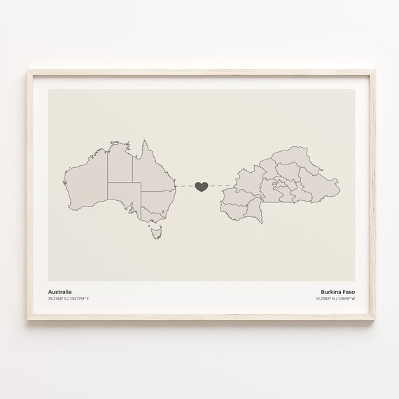 Australia and Burkina Faso Minimalist Long Distance Heart Map Connection Poster